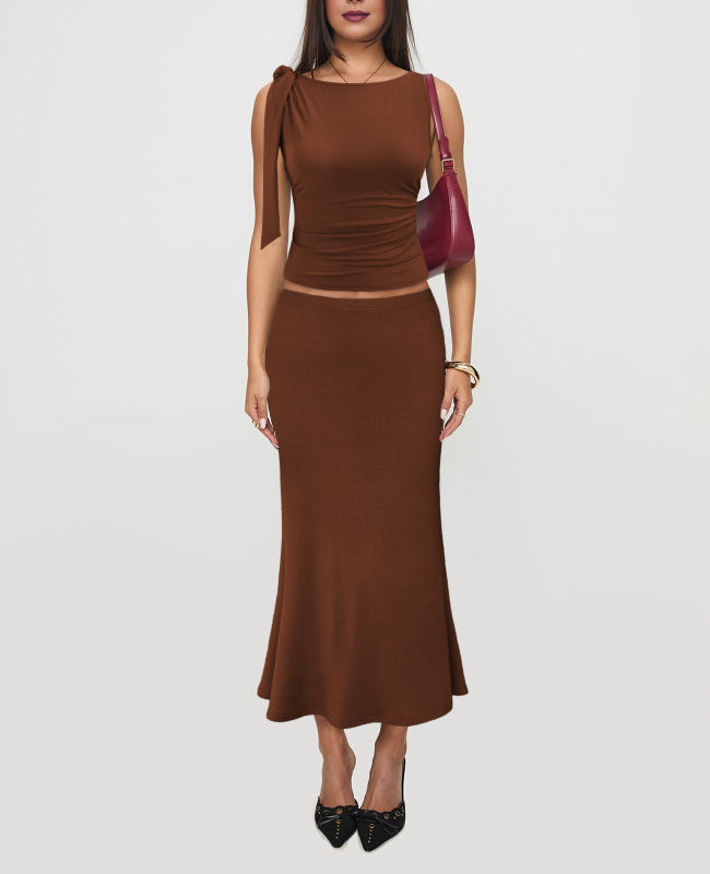 Brown Lace-up Smocked Waist Tank Top and Maxi Skirt Set