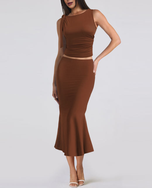Brown Lace-up Smocked Waist Tank Top and Maxi Skirt Set