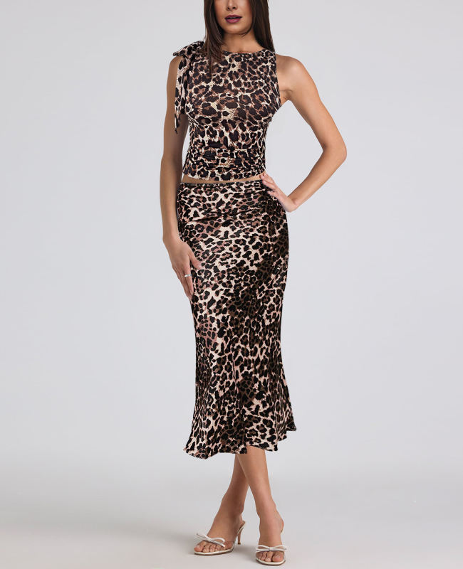 Leopard Print Lace-up Smocked Waist Tank Top and Maxi Skirt Set