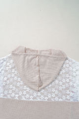 Khaki V Neck Floral Peace Sign Graphic Lace Patch Ribbed Plus Size Hooded Top