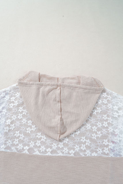 Khaki V Neck Floral Peace Sign Graphic Lace Patch Ribbed Plus Size Hooded Top