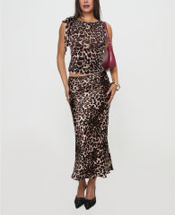 Leopard Print Lace-up Smocked Waist Tank Top and Maxi Skirt Set