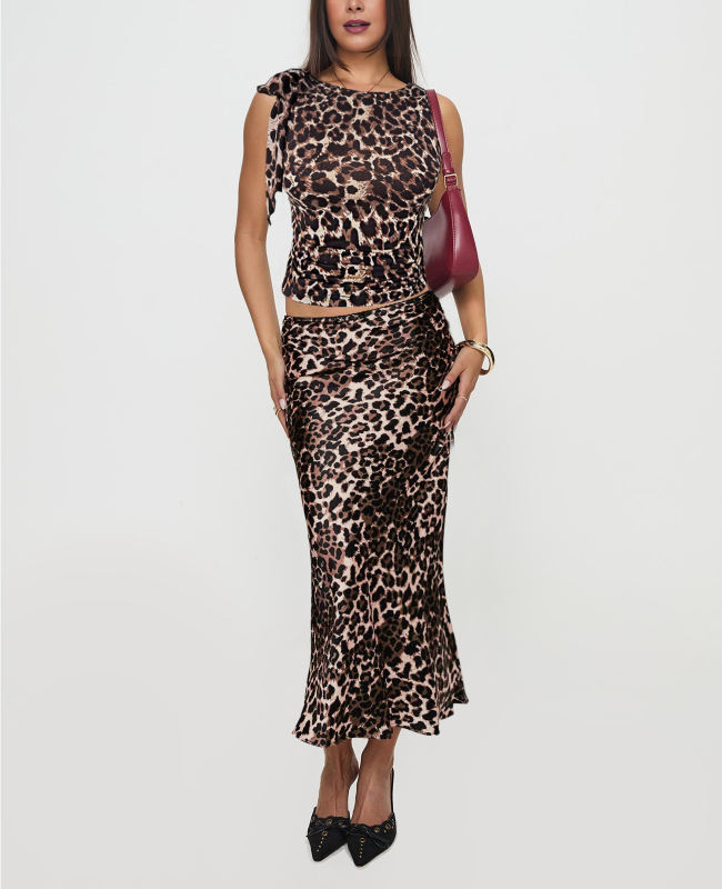 Leopard Print Lace-up Smocked Waist Tank Top and Maxi Skirt Set