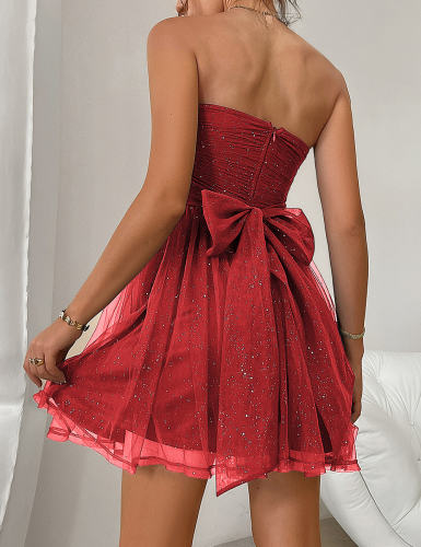 Red Starry Tube Top Mesh Tulle Short Evening Dress