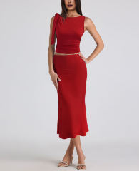 Red Lace-up Smocked Waist Tank Top and Maxi Skirt Set