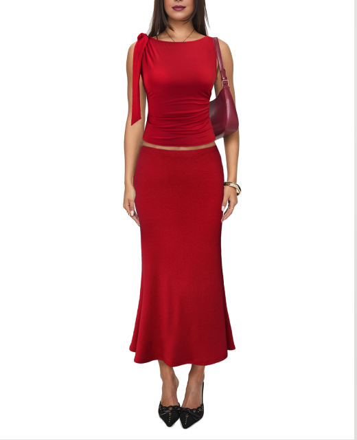 Red Lace-up Smocked Waist Tank Top and Maxi Skirt Set