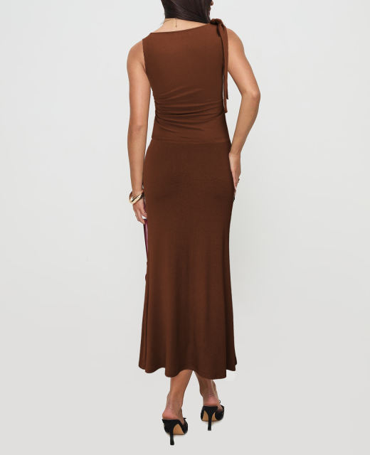 Brown Lace-up Smocked Waist Tank Top and Maxi Skirt Set