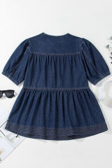 Sail Blue Puff Sleeve Lace-up Neckline Splicing Denim Blouse