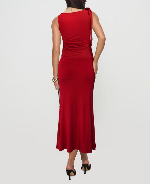 Red Lace-up Smocked Waist Tank Top and Maxi Skirt Set