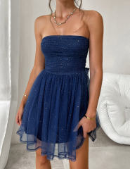 Navy Blue Starry Tube Top Mesh Tulle Short Evening Dress