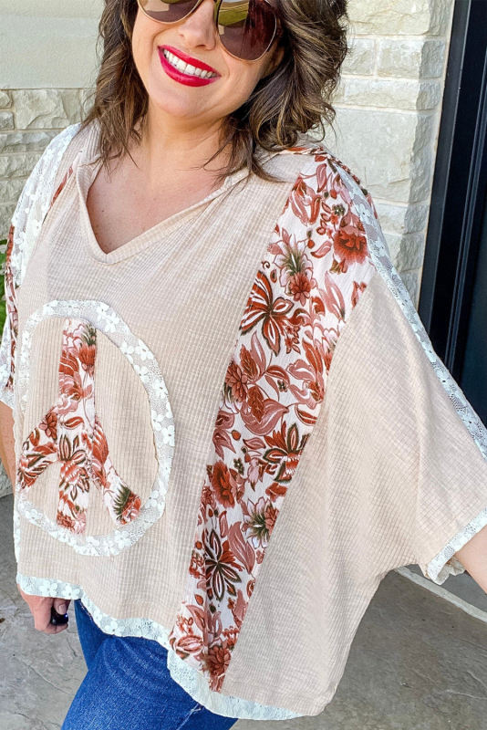 Khaki V Neck Floral Peace Sign Graphic Lace Patch Ribbed Plus Size Hooded Top