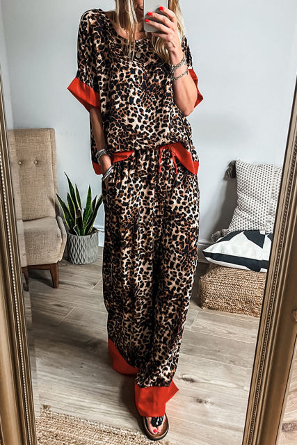 Brown Animal Print Color Contrast Edge Loose Fit Pants Set