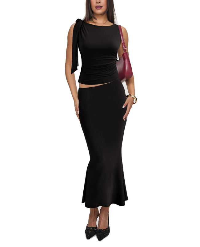 Black Lace-up Smocked Waist Tank Top and Maxi Skirt Set