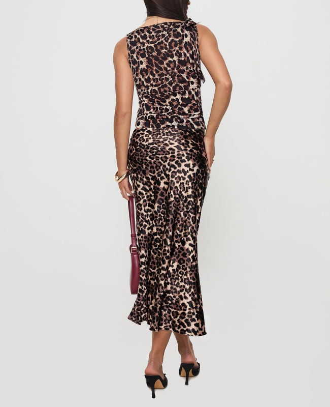 Leopard Print Lace-up Smocked Waist Tank Top and Maxi Skirt Set