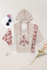 Khaki V Neck Floral Peace Sign Graphic Lace Patch Ribbed Plus Size Hooded Top