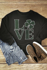 Black Rhinestone LOVE Clover Graphic St Patricks Pullover Sweatshirt