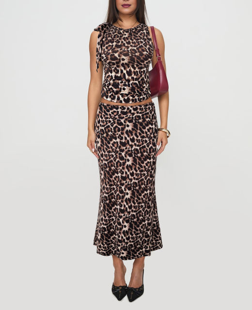 Leopard Print Lace-up Smocked Waist Tank Top and Maxi Skirt Set