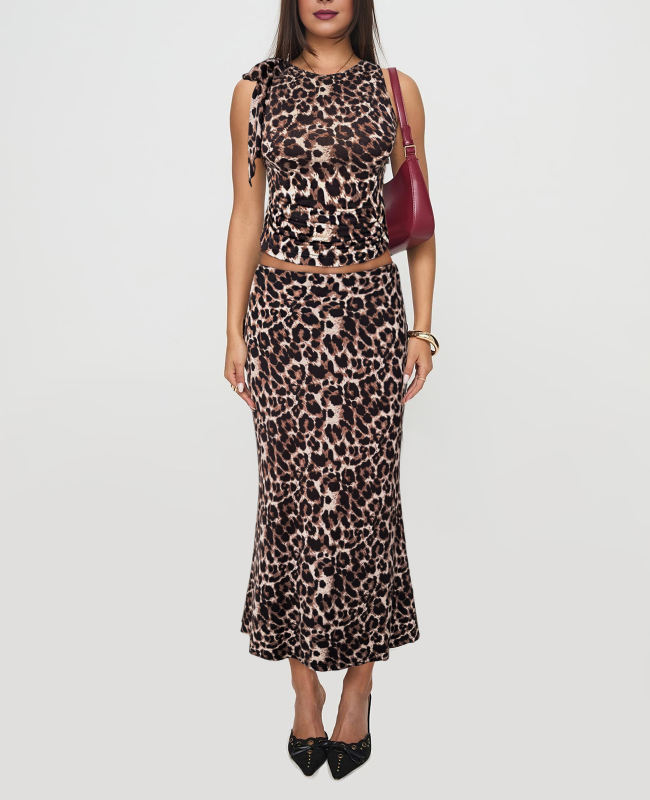 Leopard Print Lace-up Smocked Waist Tank Top and Maxi Skirt Set