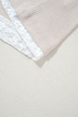 Khaki V Neck Floral Peace Sign Graphic Lace Patch Ribbed Plus Size Hooded Top