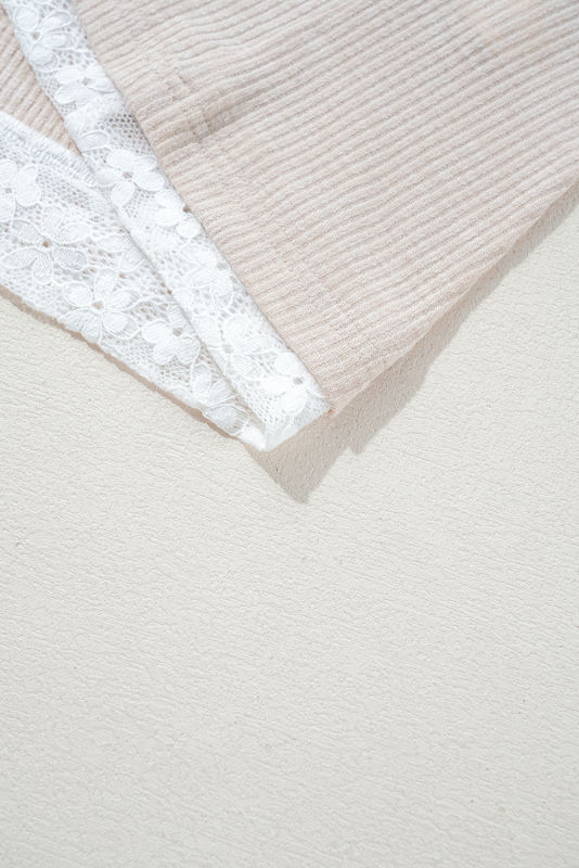 Khaki V Neck Floral Peace Sign Graphic Lace Patch Ribbed Plus Size Hooded Top