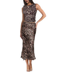 Leopard Print Lace-up Smocked Waist Tank Top and Maxi Skirt Set