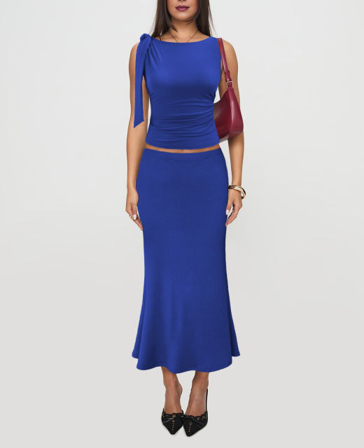 Blue Lace-up Smocked Waist Tank Top and Maxi Skirt Set