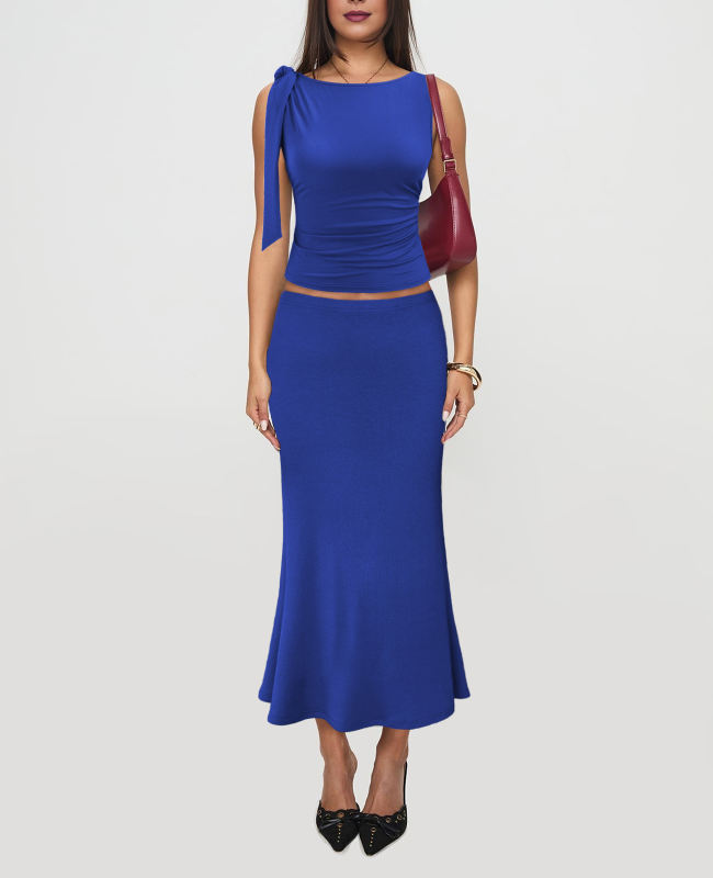 Blue Lace-up Smocked Waist Tank Top and Maxi Skirt Set