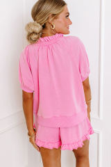 Pink Half Zip Puff Sleeve Top and Ruffled Shorts Set