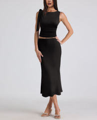 Black Lace-up Smocked Waist Tank Top and Maxi Skirt Set
