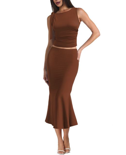 Brown Lace-up Smocked Waist Tank Top and Maxi Skirt Set