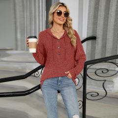 Rust Red Solid Color Loose Fit Drawstring Hoodie