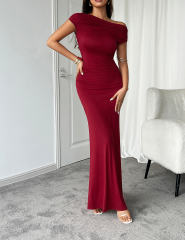Burgundy Ruched Off Shoulder Maxi Bodycon Dress