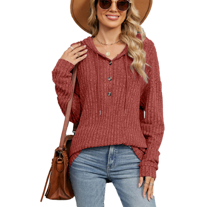 Rust Red Solid Color Loose Fit Drawstring Hoodie