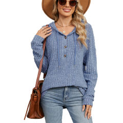 Blue Solid Color Loose Fit Drawstring Hoodie