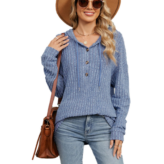 Blue Solid Color Loose Fit Drawstring Hoodie