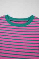 Pink Stripe Colorblock Ruffled Sleeve Crew Neck Blouse