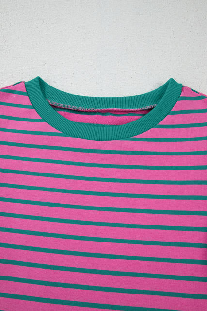 Pink Stripe Colorblock Ruffled Sleeve Crew Neck Blouse