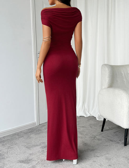 Burgundy Ruched Off Shoulder Maxi Bodycon Dress