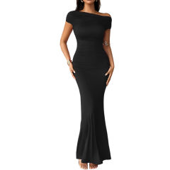 Black Ruched Off Shoulder Maxi Bodycon Dress