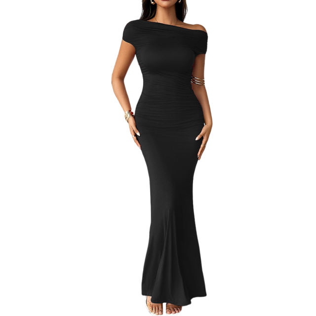 Black Ruched Off Shoulder Maxi Bodycon Dress