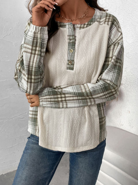 Beige Textured Patchwork Plaid Long Sleeve Top