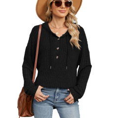 Black Solid Color Loose Fit Drawstring Hoodie