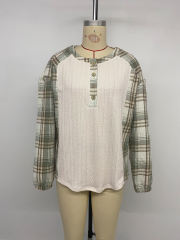 Beige Textured Patchwork Plaid Long Sleeve Top
