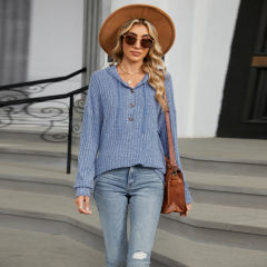 Blue Solid Color Loose Fit Drawstring Hoodie