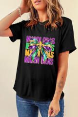 Black MARDI GRAS Fleur de Lis Bowknot Printed Crewneck Tee