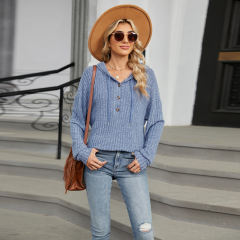 Blue Solid Color Loose Fit Drawstring Hoodie