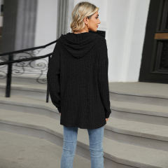 Black Solid Color Loose Fit Drawstring Hoodie