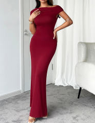 Burgundy Ruched Off Shoulder Maxi Bodycon Dress