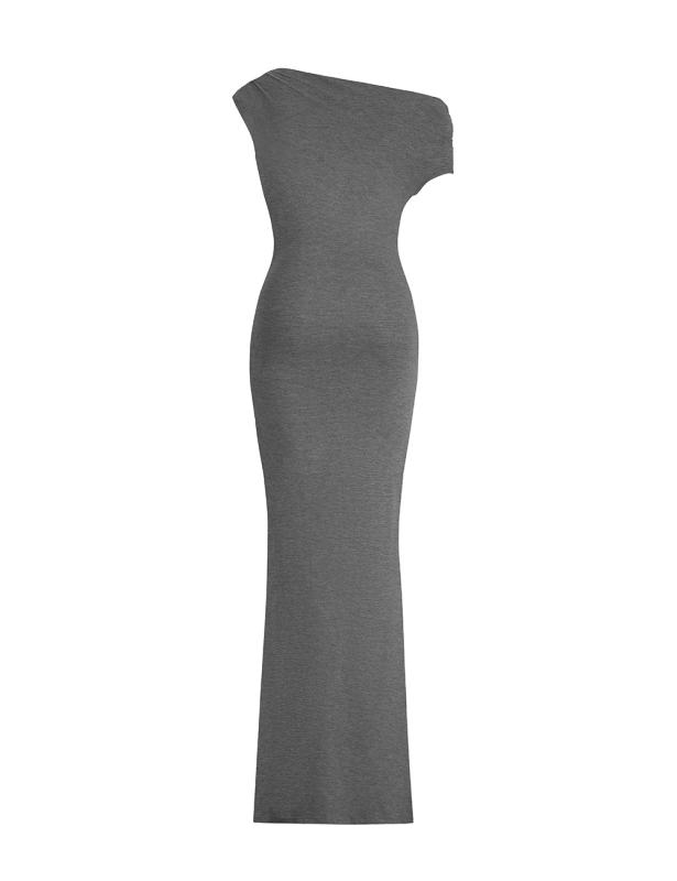 Grey Ruched Off Shoulder Maxi Bodycon Dress