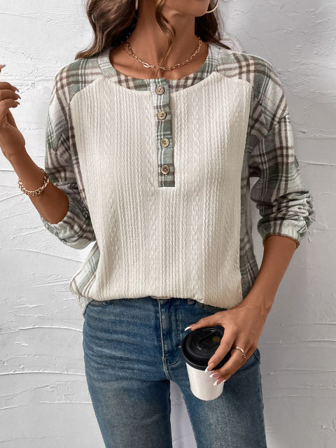 Beige Textured Patchwork Plaid Long Sleeve Top